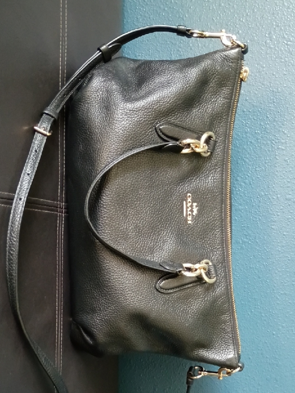 Coach F30565 Ally Satchel in Black Pebbled Leather with Gold Hardware